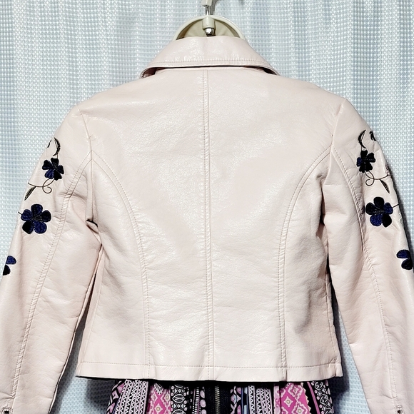 Me Jane Blush Pink Faux Leather Aviator Jacket Floral Embroidered (M/10 Girls) - Picture 7 of 14